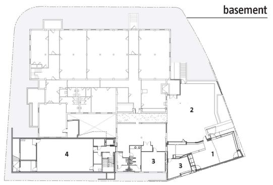 The community center space, on the opposite side of the church from the chapel, opens onto a partially sunken courtyard, a result of excavating part of the earthen plinth created in the 1950s to resolve a steeply sloped site. The courtyard serves as a gathering place for the congregation but also lends a welcoming presence to that side of the church property.


1. community center, 2. courtyard, 3. classroom, 4. daycare, 5. roof terrace, 6. existing church, 7. children’s chapel
