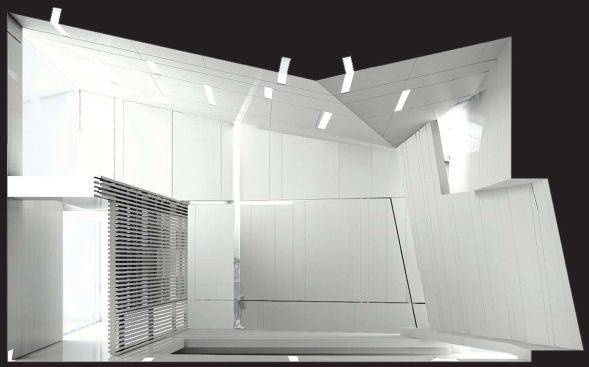 A canted ceiling has skylights that allow light to filter into the space in a very controlled and dynamic way.