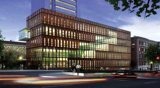 The Nexus creates a striking profile along Broadway, a major thoroughfare that flanks the western edge of Barnard's campus.