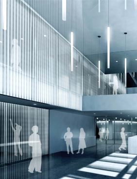 A series of stepped, double-height atria slice through the entirety of the building, creating a sense of openness in the 110,000-square-foot mixed-program building.