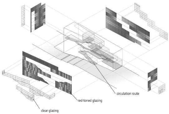 Clear glazing interrupts the red tones to denote the main circulation patterns within the building.