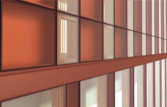THE CURTAIN WALL system allows for standard glazing and double-paned light boxes with a plenum that allows light to be refracted back out.