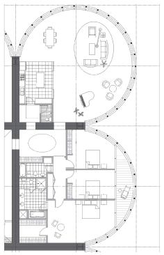 Typical unit

The residential units (the lowest of which is 130 feet off the ground to ensure good views) can occupy multiple clover-leaf spaces created by the gathered tubes. The building has amenities floors above the 82-foot-tall lobby and at the penthouse level, plus three full floors to accommodate the massive M/E/P system.