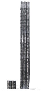 The core has reinforced concrete shear walls that extend out to the perimeter between each cable-wrapped tube. This extensive structural support is what allows the tower's height on such a small footprint.