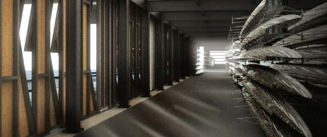 The operable vents on the first level of the larger building allow breezes off the water and natural light to permeate the boat storage spaces.