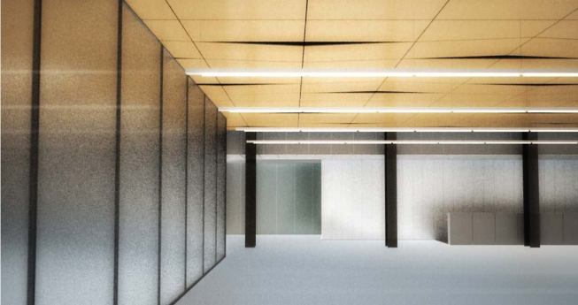 The wood paneling continues on the ceiling of some of the interior spaces, lending warmth to an otherwise fairly utilitarian space.