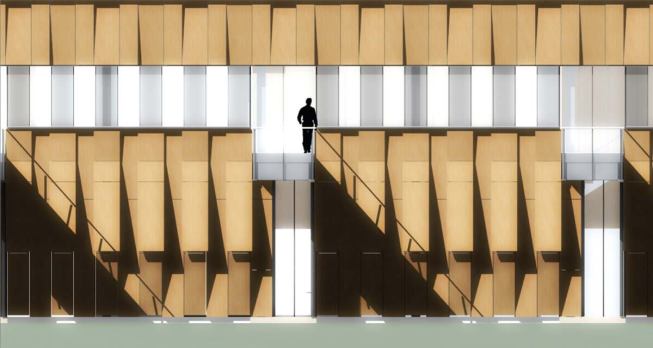 Panels made from the same composite wood veneer material as the vents are fixed above the windows on the second story and are alternately canted toward and away from the river to mimic the texture of the vent panels below.