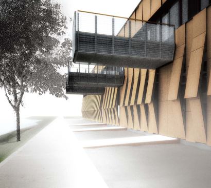 Three cantilevered bridges protrude from the river side of the main building, allowing outdoor access for second-floor spaces and interrupting the texture of the wood louvers that make up the façade.