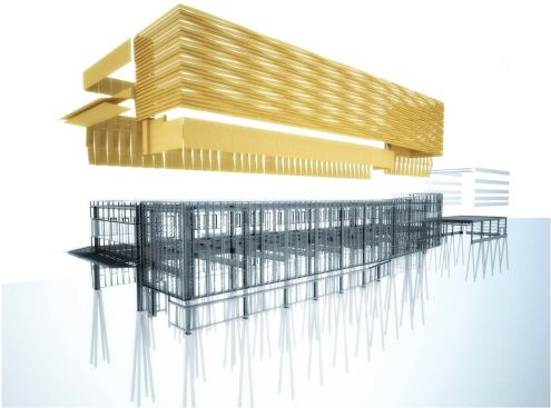 Louvers on the second story wrap the street side of the building and are angled and lapped to create a textured surface. These louvers are used as a sunscreen that shields locker rooms and other private spaces from the outside and conceal the mechanical and HVAC systems.