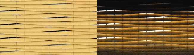 Louvers on the second story wrap the street side of the building and are angled and lapped to create a textured surface. These louvers are used as a sunscreen that shields locker rooms and other private spaces from the outside and conceal the mechanical and HVAC systems.