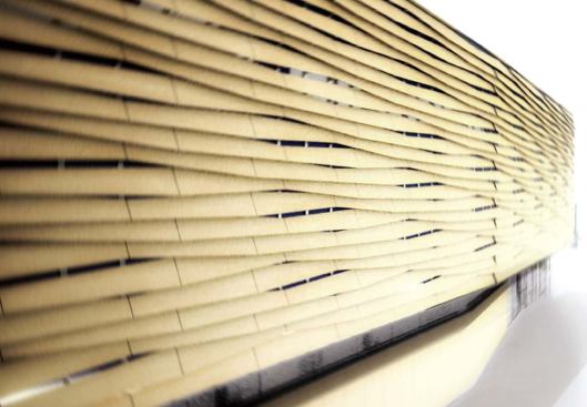 Louvers on the second story wrap the street side of the building and are angled and lapped to create a textured surface. These louvers are used as a sunscreen that shields locker rooms and other private spaces from the outside and conceal the mechanical and HVAC systems.