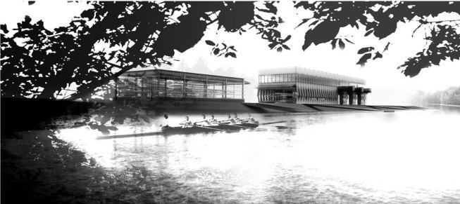 The two structures sit directly on the banks of the Charles River.