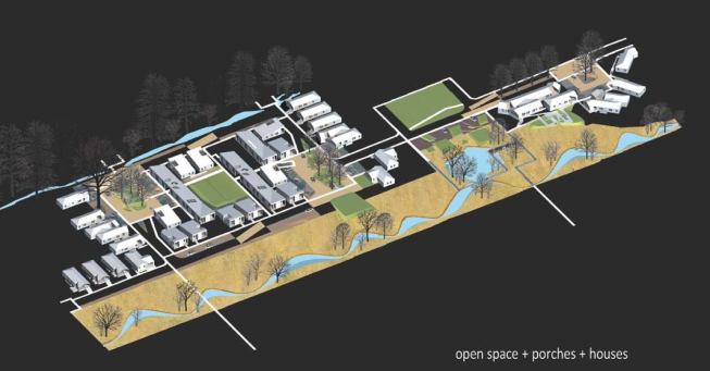 The 43 units of four types cluster around communal spaces in a density greater than that of the surrounding areas. The communal spaces serve double duty: encouraging interaction while acting as an extensive water-management system.