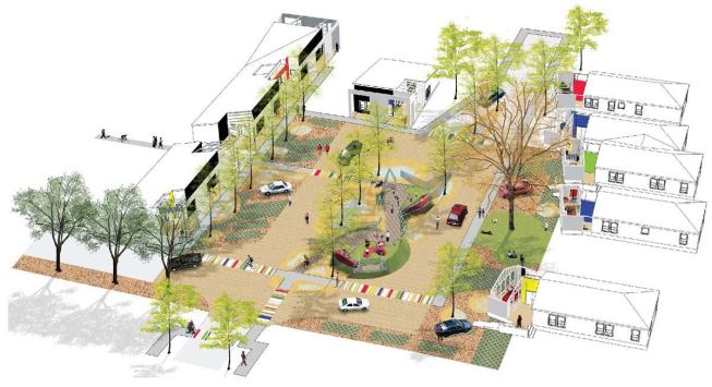 The South Shared Street Plaza.  It was not only the planning of the plazas that garnered praise; the buildings themselves intrigued the jury. "It seems to me that Habitat for Humanity has evolved into something more interesting than it used to be," Lars Lerup said. "These buildings seem more innovative than those normally associated with the program. There is so little innovation in suburbia that this is quite exciting."