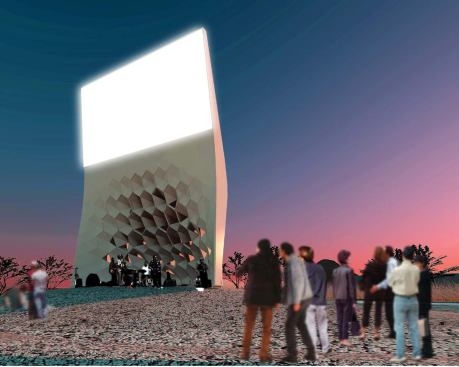 The main structure of Drive-in and Park is a 53-foot-tall band shell/drive-in movie screen made from water jet-cut steel plates. The top portion of the structure is flat, allowing for the movie to be projected, but at the base, the triangular steel plates form a concave depression that acts as a band shell, taking advantage of lawn-style seating for intimate live performances.