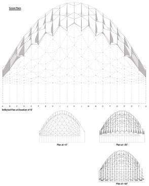 The concave portion of the band shell/movie screen is constructed from a series of triangular steel plates . Plans such as these will be used to help direct construction, as the water jet-cut pieces of steel will be welded on site.