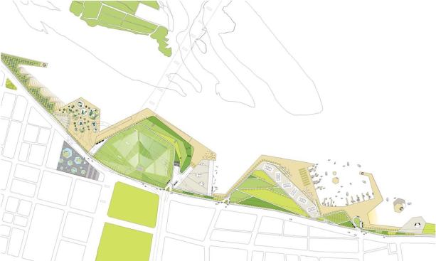 In order to create a bustling urban waterfront, Stan Allen Architect looked at reshaping the site and its connection with the rest of downtown Taipei. 