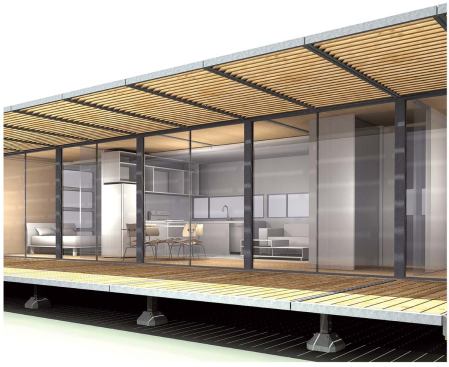 The Nest House provides prefabricated disaster housing that is a viable alternat ive to FEMA trailers. Each unit can be shipped in a single shipping container. When fully expanded, the house has two bedrooms and a sunshaded outdoor living space. Endeavoring to be environmentally responsible, the architects specified FSC-certified wood for the sunshades and decking.