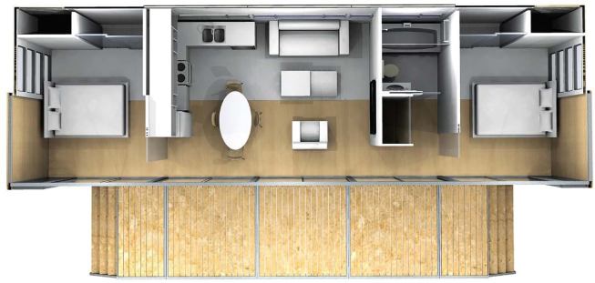 Once installed, the unit contains two private bedrooms, with storage; a shared bathroom with a working shower; and a common space that includes a kitchen, room for a dining table, and a small living area. The porch adds an additional 350 square feet of outdoor living space.