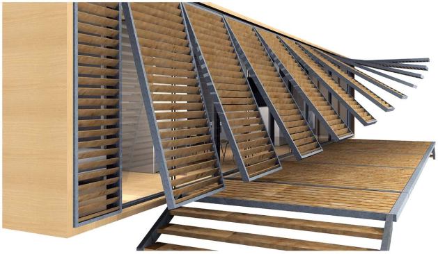 Residents can easily move the sunshades up and down. The up position creates a shady living space in warm, sunny climates. The down position provides privacy in dense communities of Nest Houses.