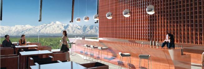 In the winery building, public areas such as an outdoor café and a tasting room were designed to accommodate visitors. A wine shop, a private tasting area in the barrel-aging room, and a viewing bridge into the manufacturing facilities were also incorporated into the design.