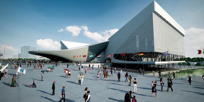 The Aquatics Centre designed by Zaha Hadid Architects with structural engineer Arup. The inclined sections flanking the center building hold temporary seating.