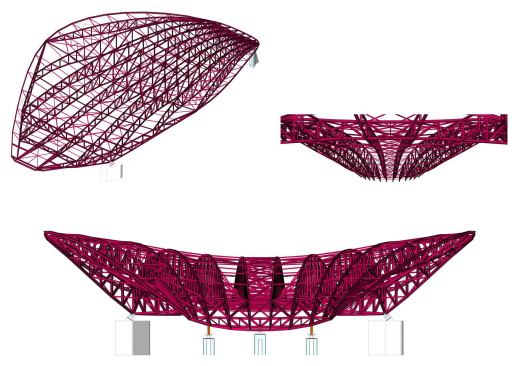 The Aquatics Centre roof structure consists of 10 trusses that run in the building's longitudinal direction (top left) and incline outward from the centerline like a fan (bottom).