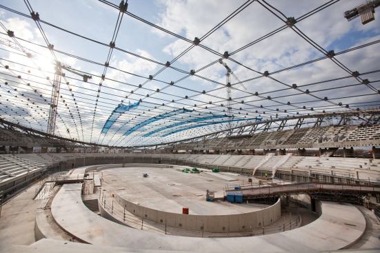 The Velodrome's cable-net roof system creates a grid of twin steel cables with a node connector at every intersection.