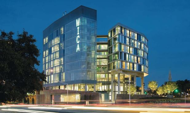 The new $32 million, 87,000-square-foot Gateway building at MICA houses a dormitory, theater, café, and career center at the edge of the Baltimore campus.