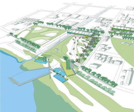 For the Lake Elsinore Civic Center competition, Koning Eizenberg Architecture proposed a shoreline park with recreational infrastructure such as an ecological center, and a meadow that can accommodate movie screenings, all connected to the downtown Main Street.