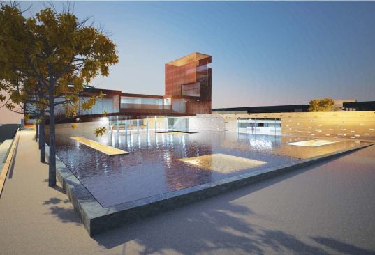 Healy brings the water inland with a reflecting pool that serves as a pivot point between Main Street and the plazas of the civic center.