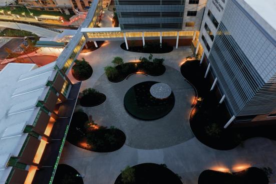 To minimize light trespass, Tillett Lighting Design kept light levels beyond the Ellen S. Clark Hope 

Plaza in St. Louis to under 

0.2 footcandles.
