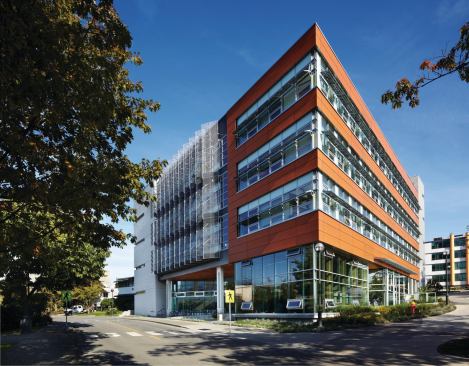 CIRS’s southwest corner features a glass-enclosed water treatment plant and bioswale.