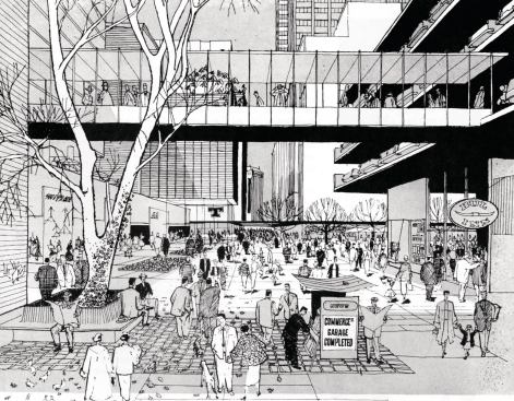 Street-level rendering, showing pedestrian bridges and parking.