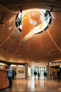 The lobby at the core of the visitors center  provides a jumping off point where guests can enter into the gardens, or access the building’s amenities, which include a shop and café.