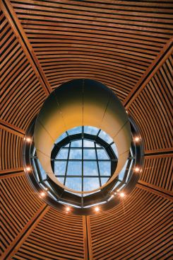 Oculus with powdercoated, perforate-aluminum heat sink hanging below.