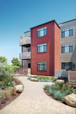 A high-efficiency irrigation system with a weather-based controller is used for the drought-tolerant landscaping.