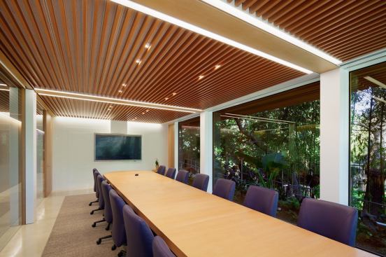 In areas that required directional light, such as the conference rooms, custom miniature downlights fit in between the slats of the wooden ceiling system. 