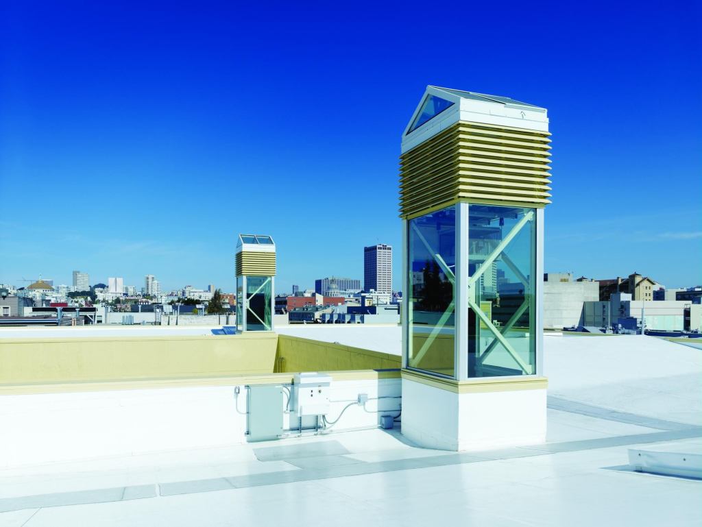 The thermal towers are the core of the natural ventilation system for the San Francisco Friends School.