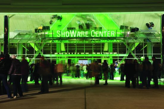 The multifunction ShoWare Center, located just outside of Seattle, seats 6,100 fans during hockey games and ice shows, and 7,800 people during concerts. The ShoWare Center lettering above the main entrance is actually a reflection of a sign that is installed horizontally below the soffit. While mirrored surfaces tend to be associated with luxe environments--casinos, discos, and boutiques--at the ShoWare Center, the polished stainless steel soffit was an efficient way to amplify the lobby and façade.