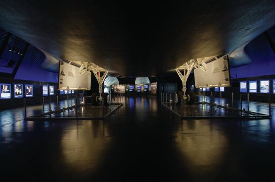 Visitors can walk underneath the shuttle, adding to the thrill of the exhibit. 