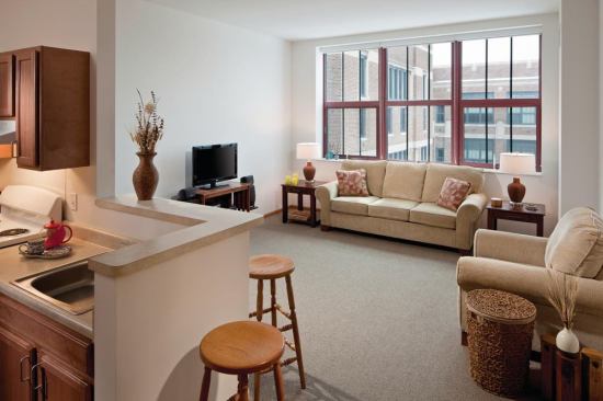 A typical apartment interior. A blower door test of each unit ensured that the envelope was properly sealed.