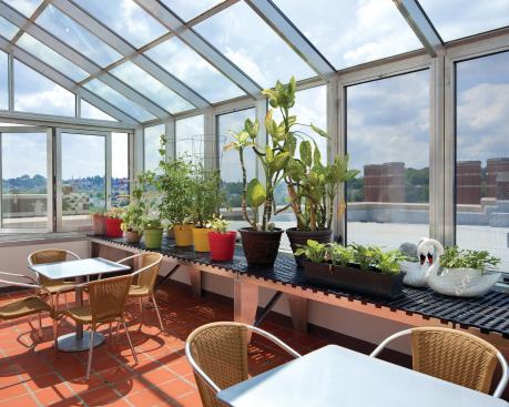 The new rooftop greenhouse has views of the city.