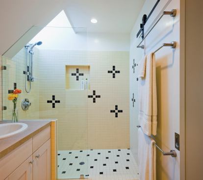 A skylit shower brightens the master bath.