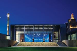 At night, the ballroom takes on a lantern-like quality and allows views inside. With the partition wall open, the prefunction area becomes part of the ballroom.AL080305038L1.jpgCLICK TO VIEW IMAGE GALLERY.