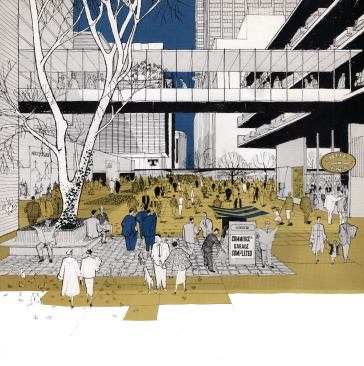 Street-level rendering, showing pedestrian bridges and parking.