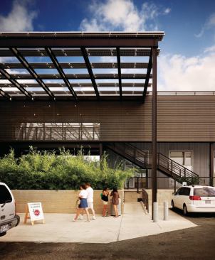 A 200-kilowatt PV array provides nearly 27 percent of the building's power and was funded through a public-private joint venture with CPS Energy, the city's utility provider.