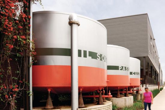 Elements from the original Pearl Brewery are now serving as planters and cisterns.
