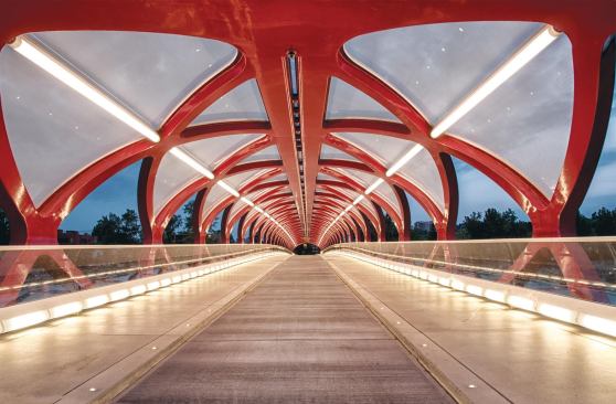 Bicycle traffic occupies two lanes in the center of the bridge and pedestrian walkways run parallel on either side.