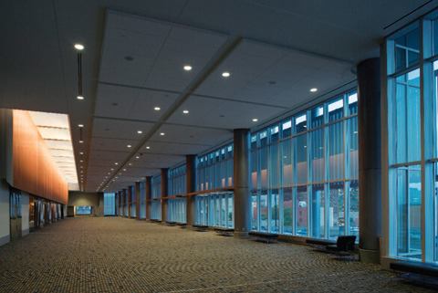  At night, the space is illuminated by compact fluorescent downlights and ceramic metal halide wallwashers.